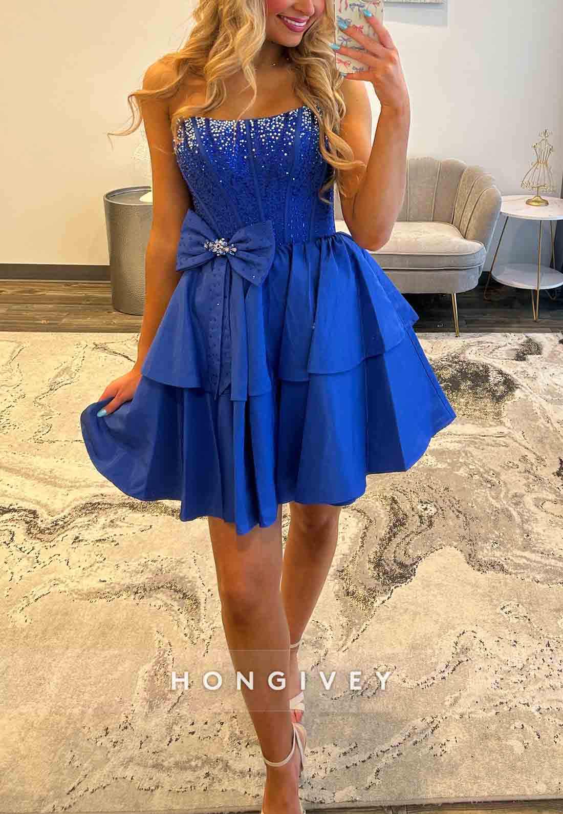 Royal Blue Strapless A-Line Pleated Ruched Short Homecoming Dress with Bowknot
