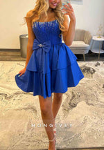 Royal Blue Strapless A-Line Pleated Ruched Short Homecoming Dress with Bowknot