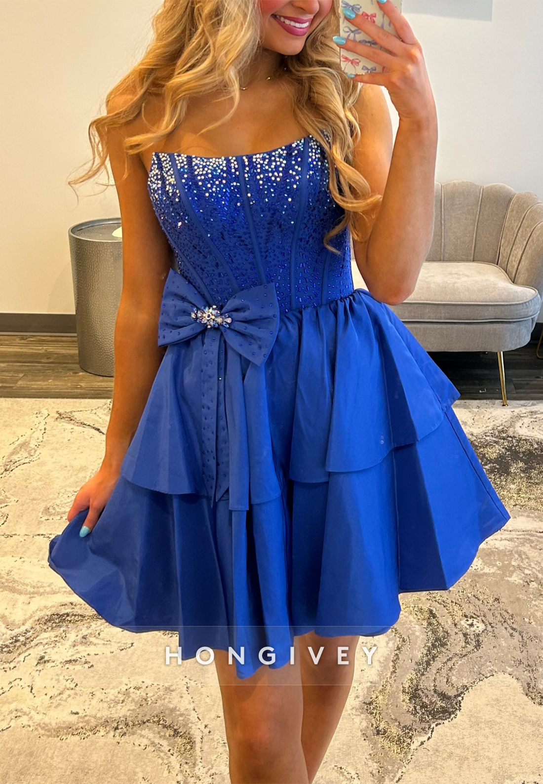 Royal Blue Strapless A-Line Pleated Ruched Short Homecoming Dress with Bowknot
