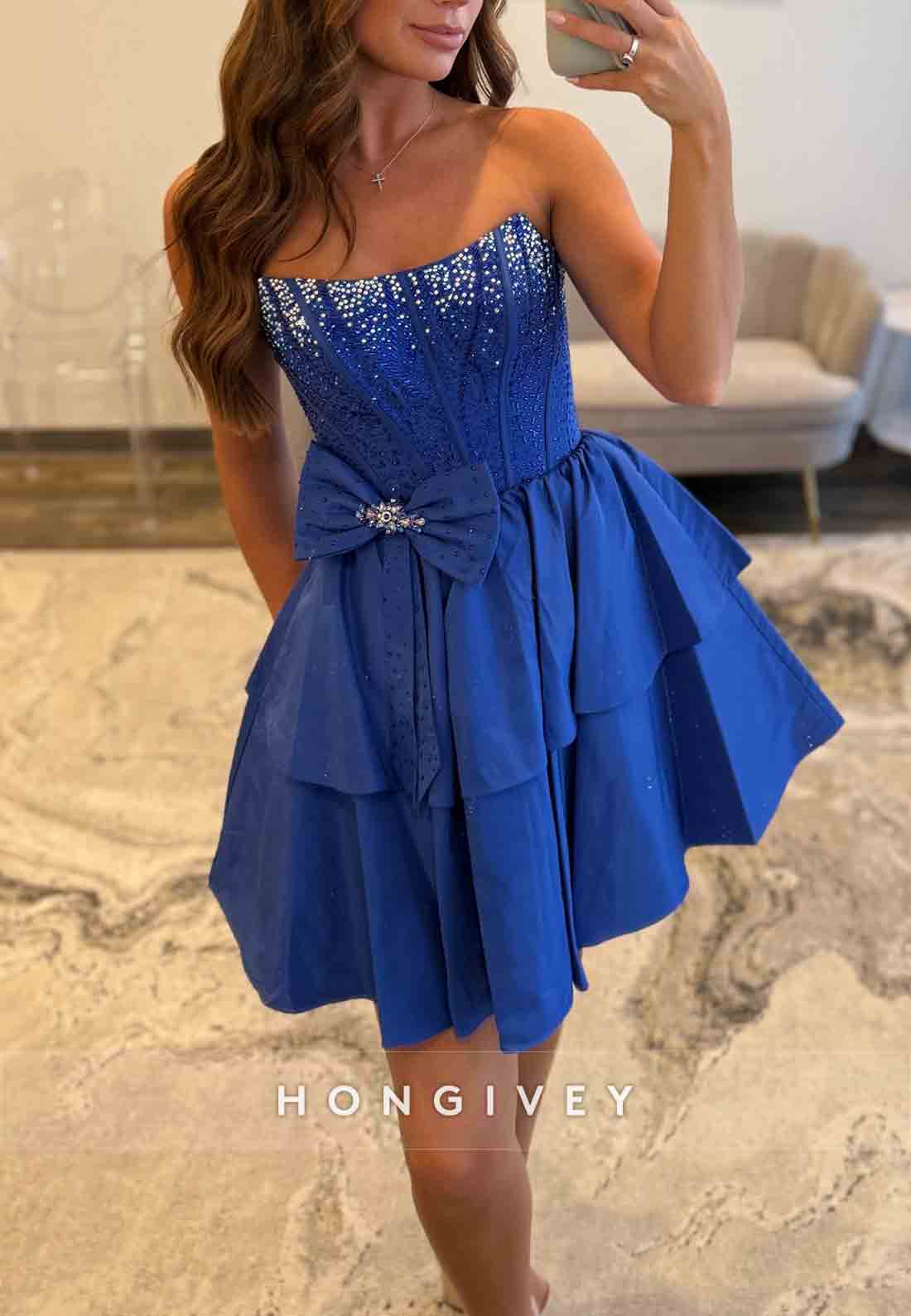 Royal Blue Strapless A-Line Pleated Ruched Short Homecoming Dress with Bowknot