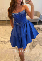 Royal Blue Strapless A-Line Pleated Ruched Short Homecoming Dress with Bowknot