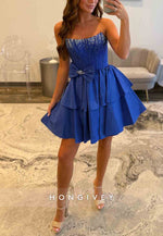 Royal Blue Strapless A-Line Pleated Ruched Short Homecoming Dress with Bowknot