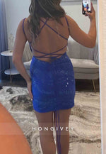 Royal Blue Spaghetti Straps Sheath Beading Tie Back Mini Homecoming Dress