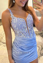 Lavender Sheath Pleated Open Back Mini Homecoming Dress with Appliques