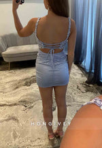 Lavender Sheath Pleated Open Back Mini Homecoming Dress with Appliques