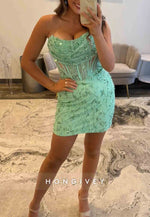 Turquoise Strapless Low Back Sheath Short Homecoming Dress with Beading