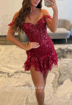 Off the Shoulder Pleated Sweetheart Appliqued Mini Homecoming Dresses