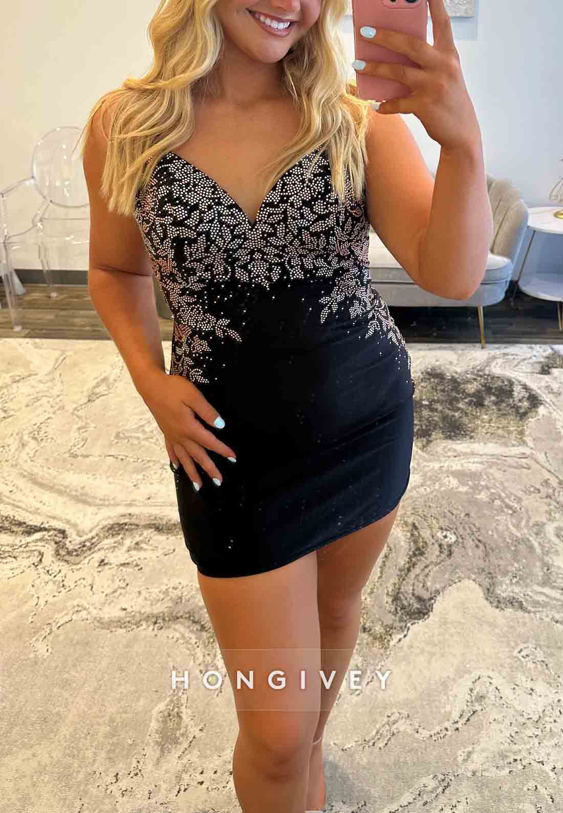 Halter Sheath Crisscross Back V-Neck Mini Homecoming Dress with Beading