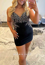 Halter Sheath Crisscross Back V-Neck Mini Homecoming Dress with Beading