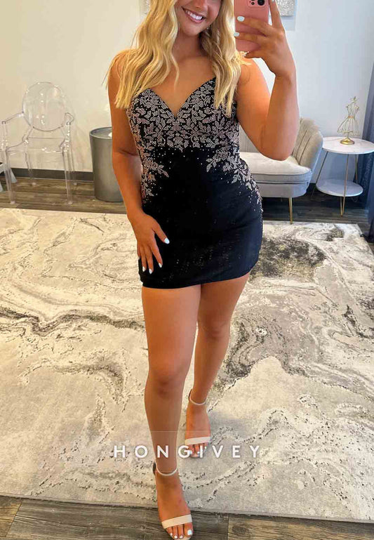 Halter Sheath Crisscross Back V-Neck Mini Homecoming Dress with Beading