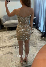 Strapless Sweetheart Flowers Sheath Short Homecoming Dress with Appliques