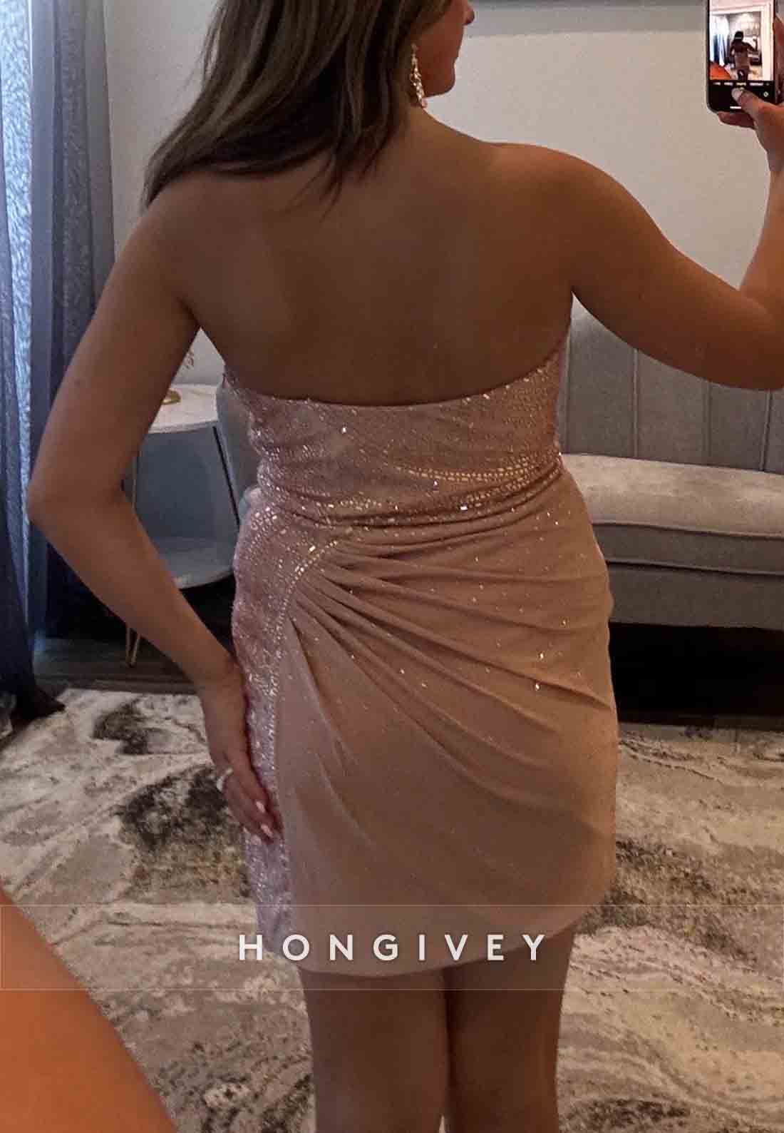 Strapless Light Pink Low Back Sheath Pleated Short Homecoming Dress with Slit