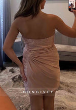 Strapless Light Pink Low Back Sheath Pleated Short Homecoming Dress with Slit