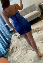 Royal Blue Spaghetti Straps Pleated Beading Sheath Mini Homecoming Dress