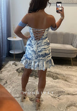Ivory Blue Print Off the Shoulder Ruched Mermaid Homecoming Dress