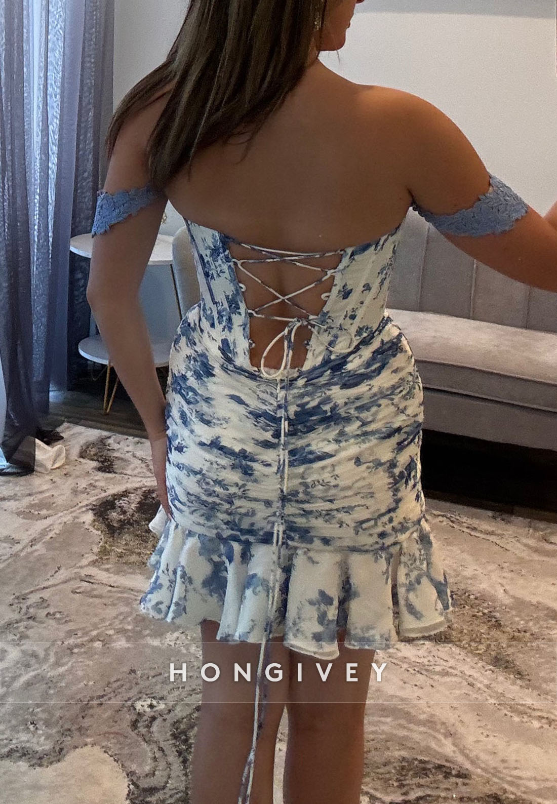 Ivory Blue Print Off the Shoulder Ruched Mermaid Homecoming Dress