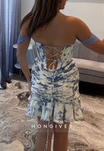 Ivory Blue Print Off the Shoulder Ruched Mermaid Homecoming Dress