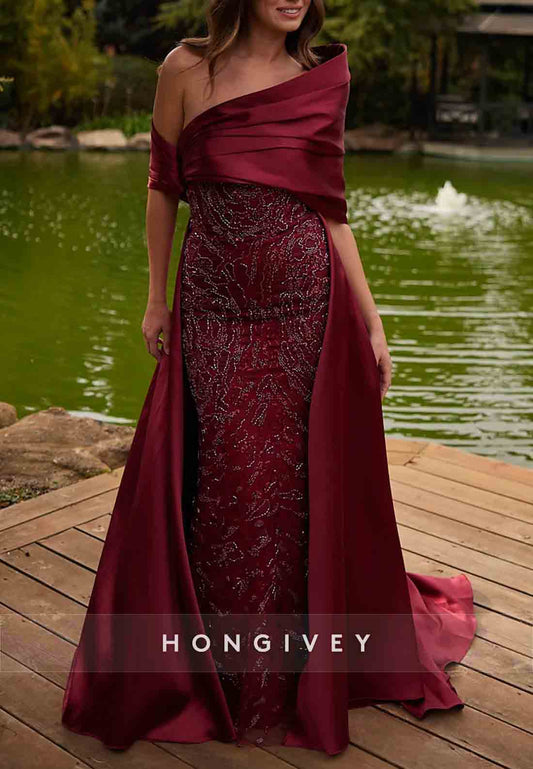 Detachable Sheath Metallic Yarn One shoulder Pleated Evening Gown