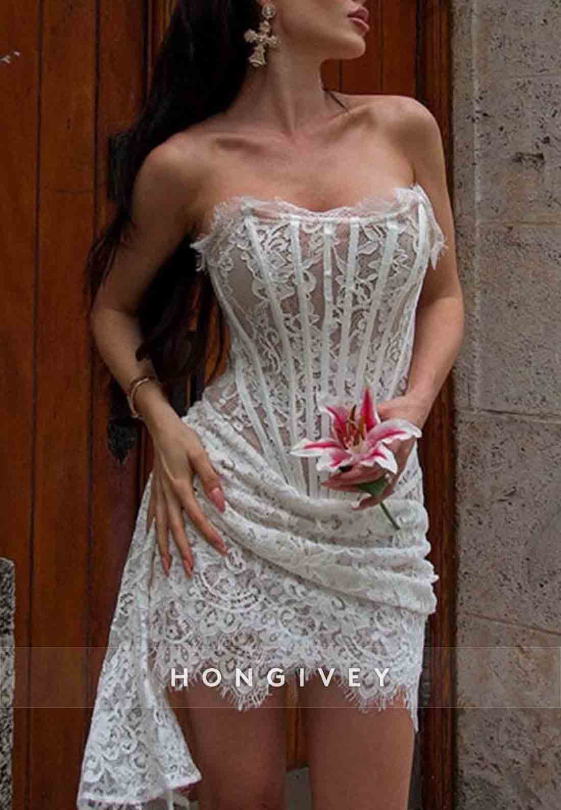 Side Draping Sheath All Lace Strapless Corset Mini Homecoming Dress