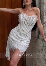 Side Draping Sheath All Lace Strapless Corset Mini Homecoming Dress