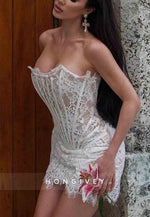 Side Draping Sheath All Lace Strapless Corset Mini Homecoming Dress