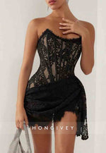 Side Draping Sheath All Lace Strapless Corset Mini Homecoming Dress