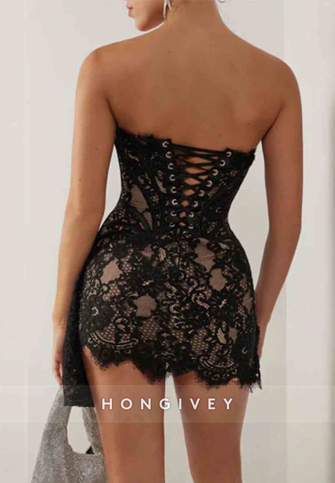 Side Draping Sheath All Lace Strapless Corset Mini Homecoming Dress