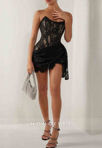 Side Draping Sheath All Lace Strapless Corset Mini Homecoming Dress