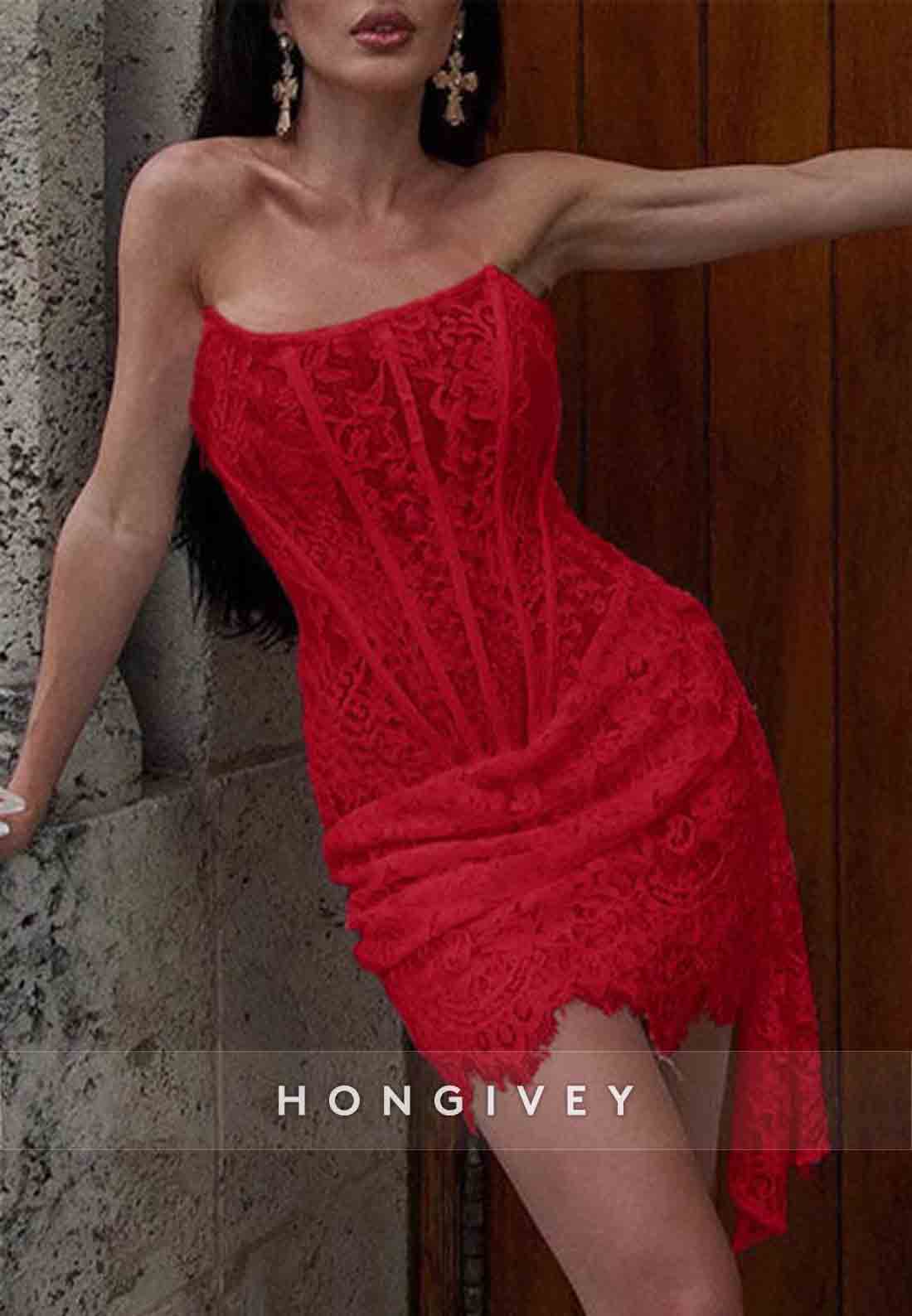 Side Draping Sheath All Lace Strapless Corset Mini Homecoming Dress