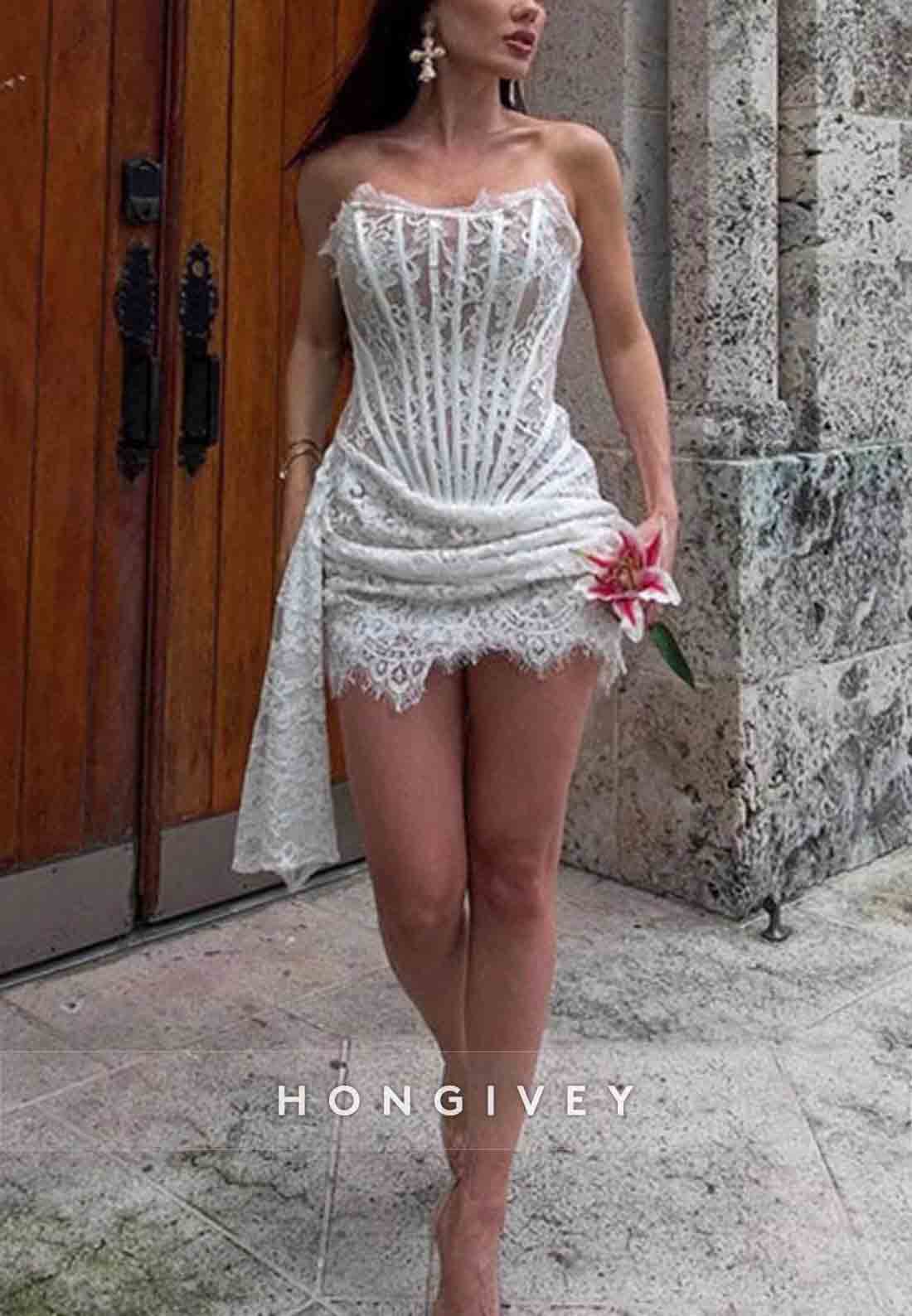 Side Draping Sheath All Lace Strapless Corset Mini Homecoming Dress