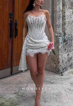 Side Draping Sheath All Lace Strapless Corset Mini Homecoming Dress