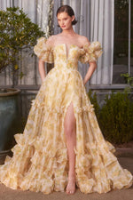 Fashion Yellow Sweetheart Detachable Puffy Sleeves A-Line Side Slit Prom Dress