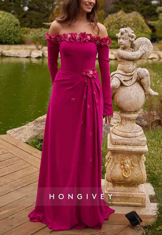 Fuchsia Flowers Off the Shoulder Floor-Length Pleated Floor-Length Maxi Dress