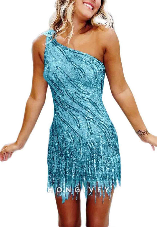 Gorgeous One Shoulder Tassel Sheath Short Homecoming Dress with Beading