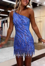 Gorgeous One Shoulder Tassel Sheath Short Homecoming Dress with Beading