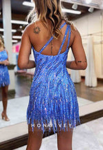 Gorgeous One Shoulder Tassel Sheath Short Homecoming Dress with Beading