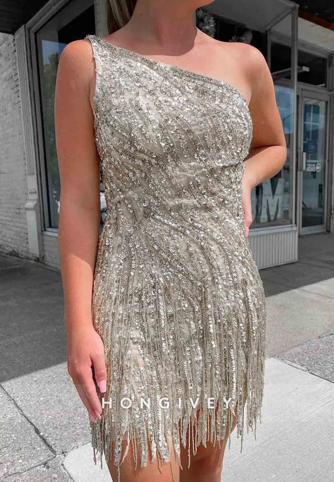 Gorgeous One Shoulder Tassel Sheath Short Homecoming Dress with Beading