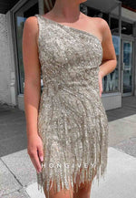 Gorgeous One Shoulder Tassel Sheath Short Homecoming Dress with Beading