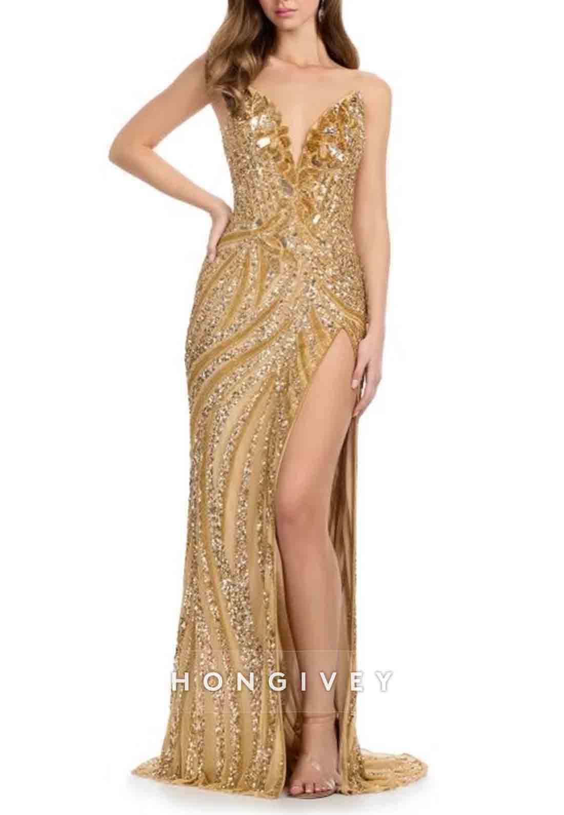 Golden V-Neck Beaded Column Floor-Length V Back Side Slit Prom Dresses