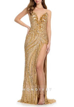 Golden V-Neck Beaded Column Floor-Length V Back Side Slit Prom Dresses