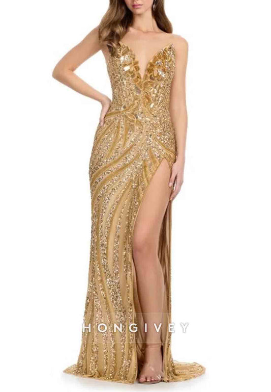 Golden V-Neck Beaded Column Floor-Length V Back Side Slit Prom Dresses