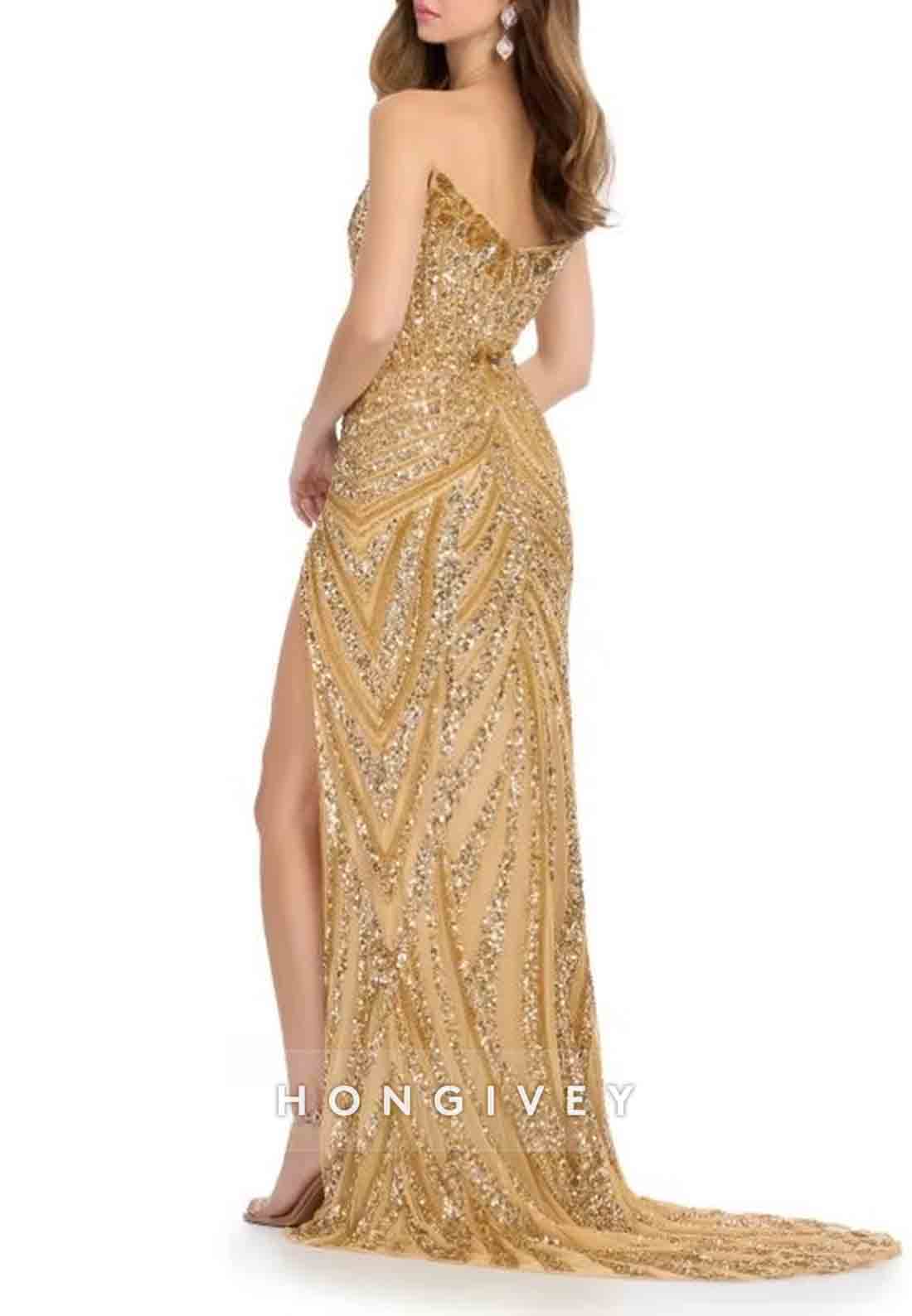 Golden V-Neck Beaded Column Floor-Length V Back Side Slit Prom Dresses
