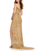 Golden V-Neck Beaded Column Floor-Length V Back Side Slit Prom Dresses
