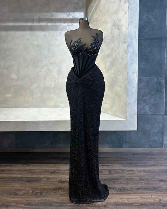 HONGIVEY Black Asymmetrical Fitted Applique Strapless Evening Dress Formal Party Gown