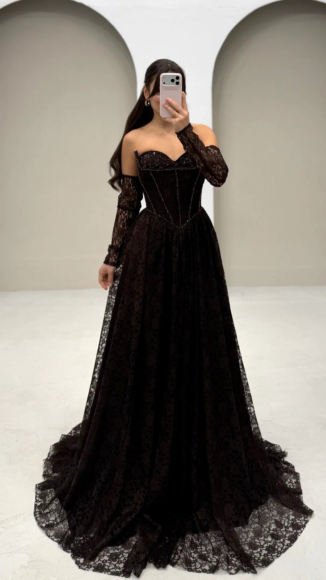 High Neck Lace Long Sleeve A-Line Floor-Length Evening Dress Sparkle