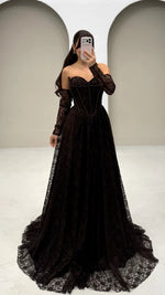 High Neck Lace Long Sleeve A-Line Floor-Length Evening Dress Sparkle