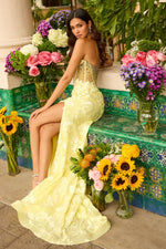 Strapless Yellow Ruched Beaded Sleevless Flowers Floral Print Mermaid Side Slit Prom Dress