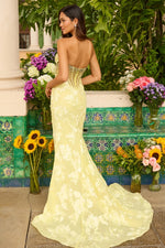 Strapless Yellow Ruched Beaded Sleevless Flowers Floral Print Mermaid Side Slit Prom Dress