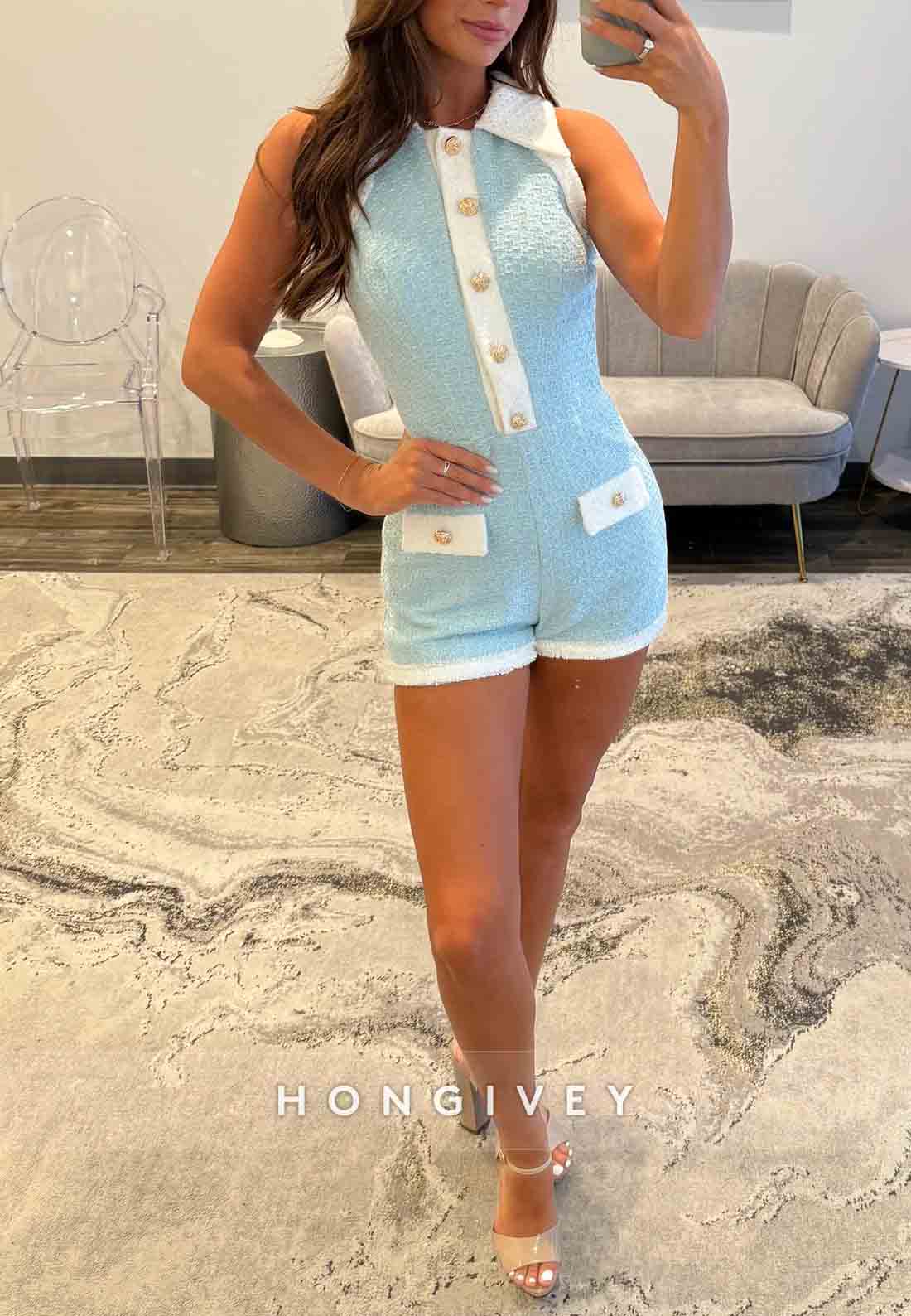 Fashionable Sweetheart Blue Sleeveless Mini Homecoming Dress with Buttons