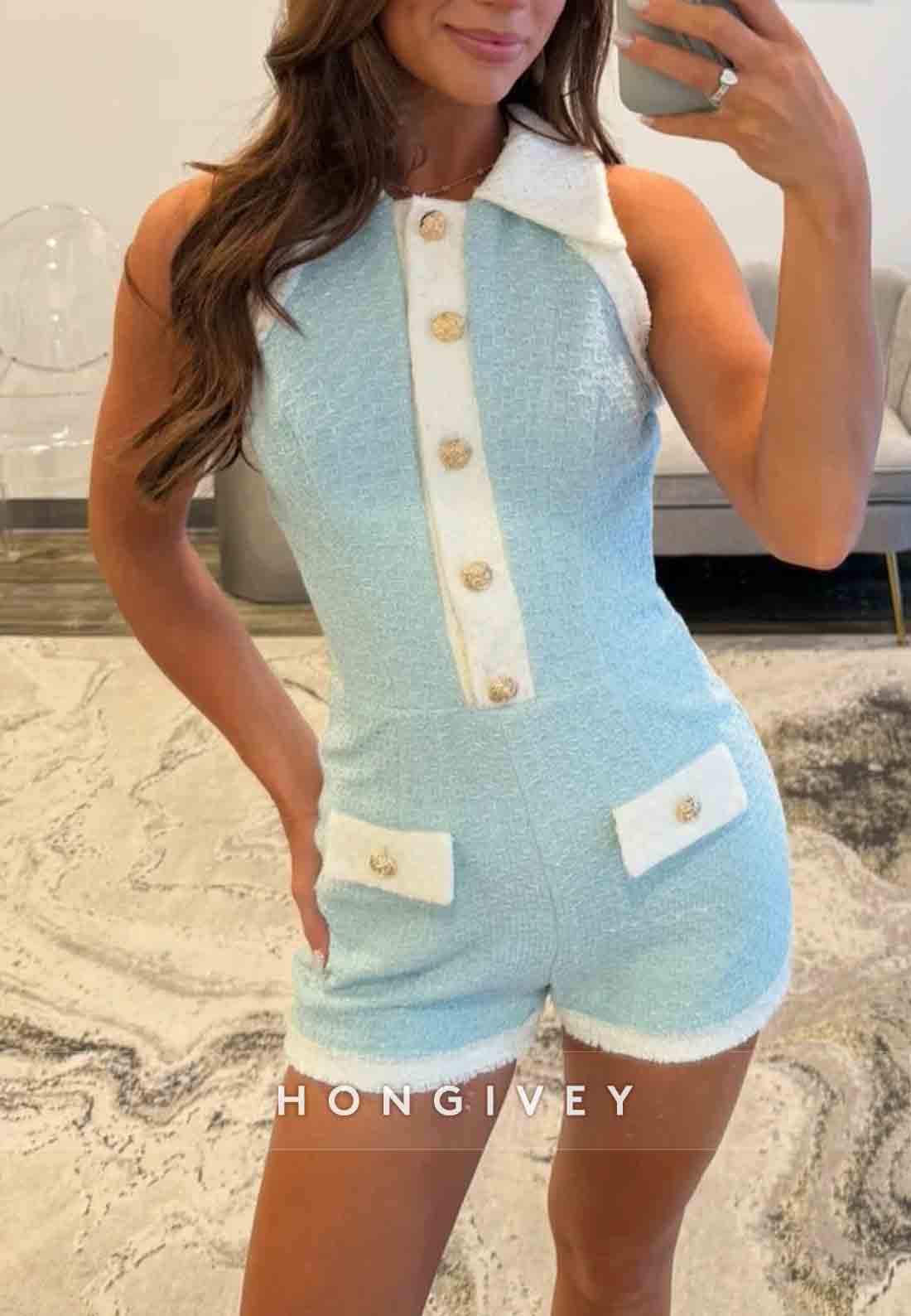 Fashionable Sweetheart Blue Sleeveless Mini Homecoming Dress with Buttons